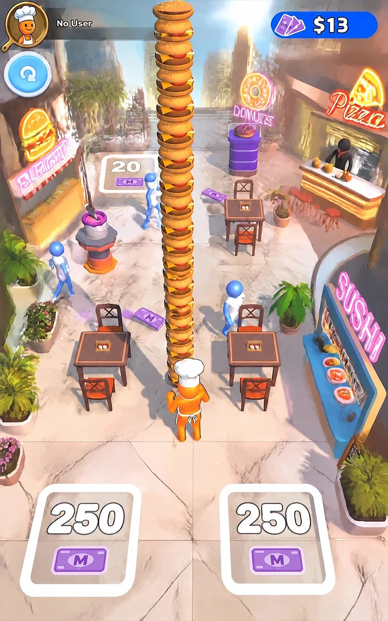 Bistro Run chef carrying a tall burger stack